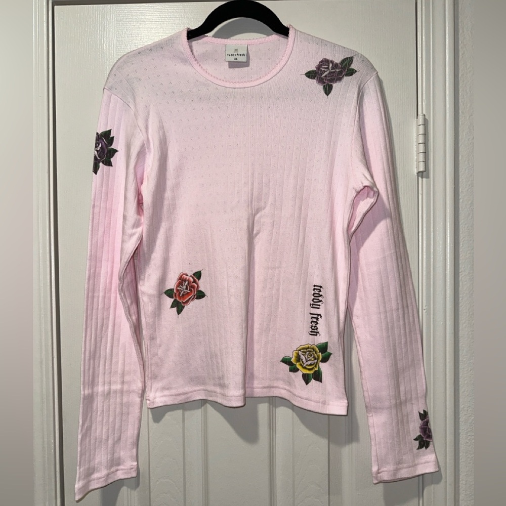 TEDDY FRESH - Pink Long Sleeve Shirt with Tattoo Rose Print Design (XL)
